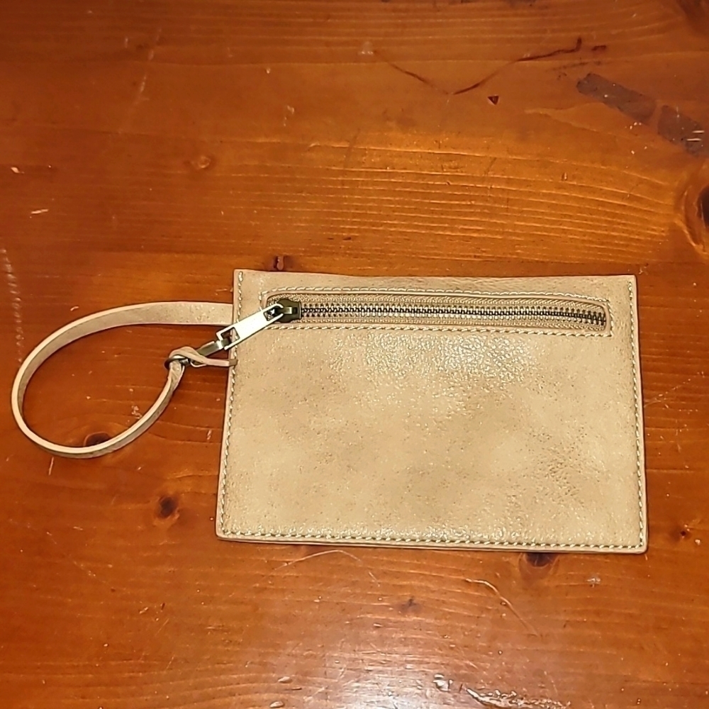 Anthropologie Wristlet Pouch Women OS Beige Vegan Leather Zippered Coin Purse